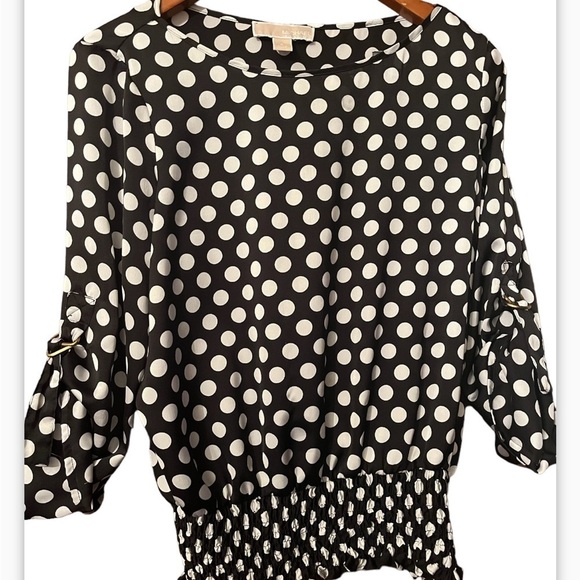 Michael Michael Kors Top Sz S Black and White Gathered Polka Dot Blouse - Picture 4 of 8